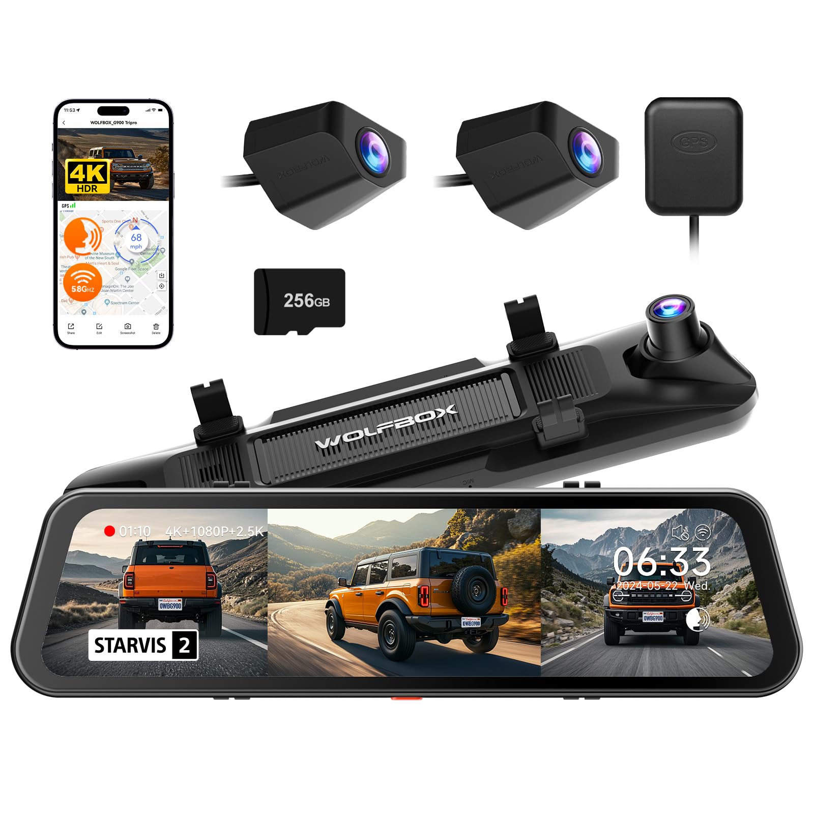 <tc>Wolfbox G900 Tripro bumper 3CH 4K Wifi GPS 256 Go Mirror dashcam</tc>