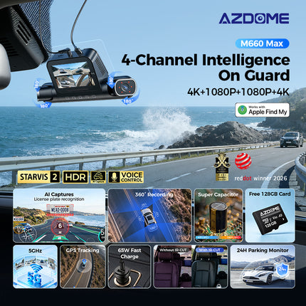<tc>AZDome M660 Max 4 canaux, 128 Go, 4K, Wi-Fi, GPS, dashcam à 360 degrés</tc>