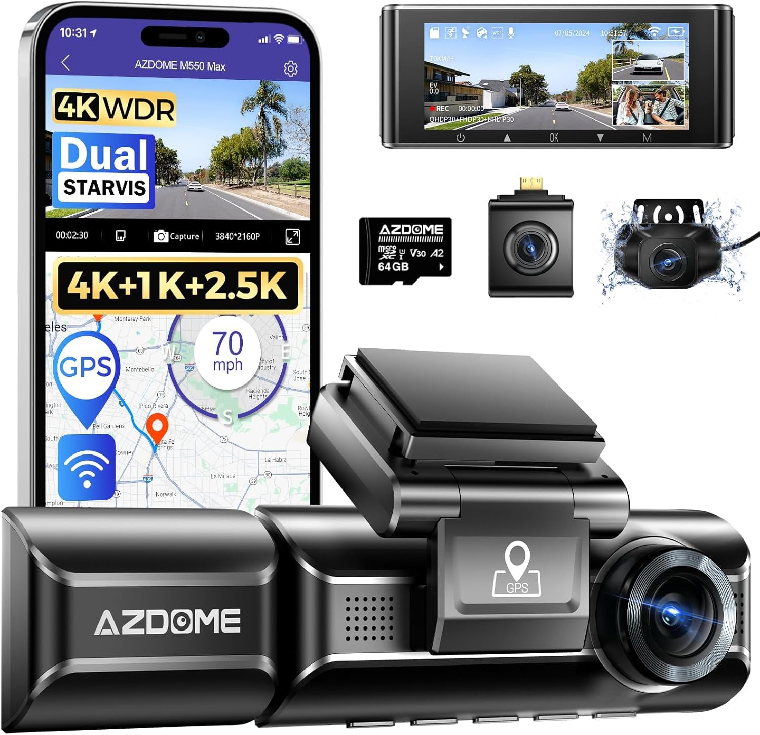 AZDome M550 Max 3CH 4K Wi-Fi GPS 64 Go dashcam