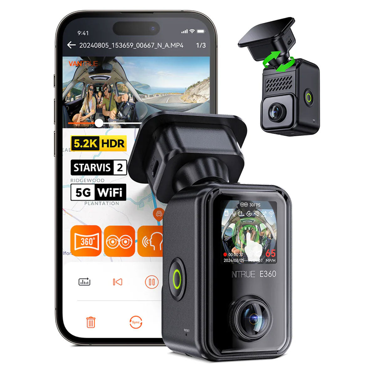 Vantrue E360 Cloud 5K 2CH Wifi GPS dashcam 360 degrés