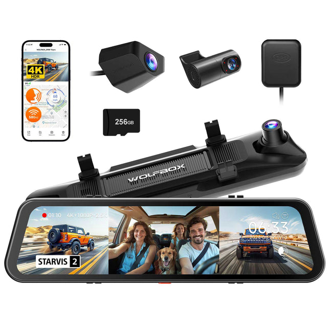 Wolfbox G900 Tripro 3CH 4K Wifi GPS 256gb Mirror dashcam