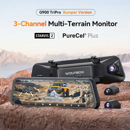 <tc>Wolfbox G900 Tripro bumper 3CH 4K Wifi GPS 256 Go Mirror dashcam</tc>