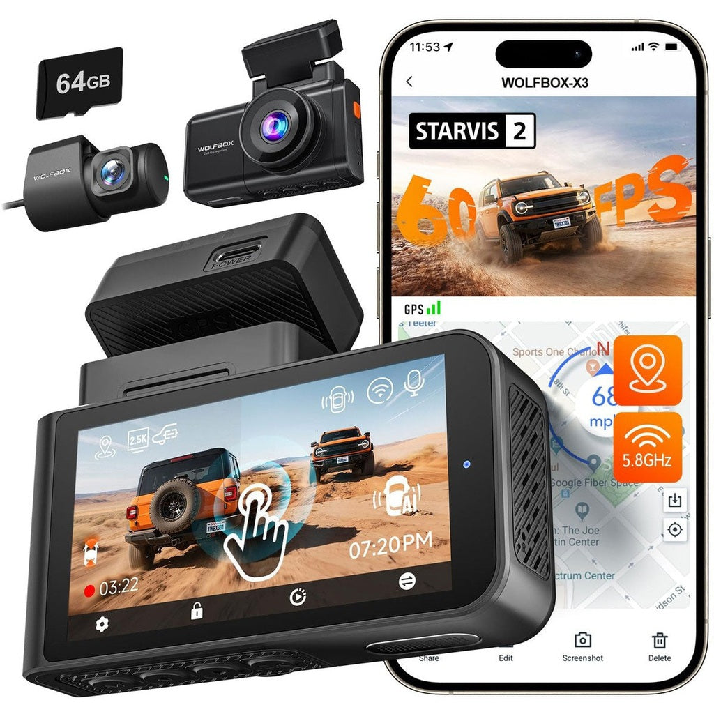 Wolfbox X3 Touch 2CH 2K Wifi GPS 64 Go dashcam