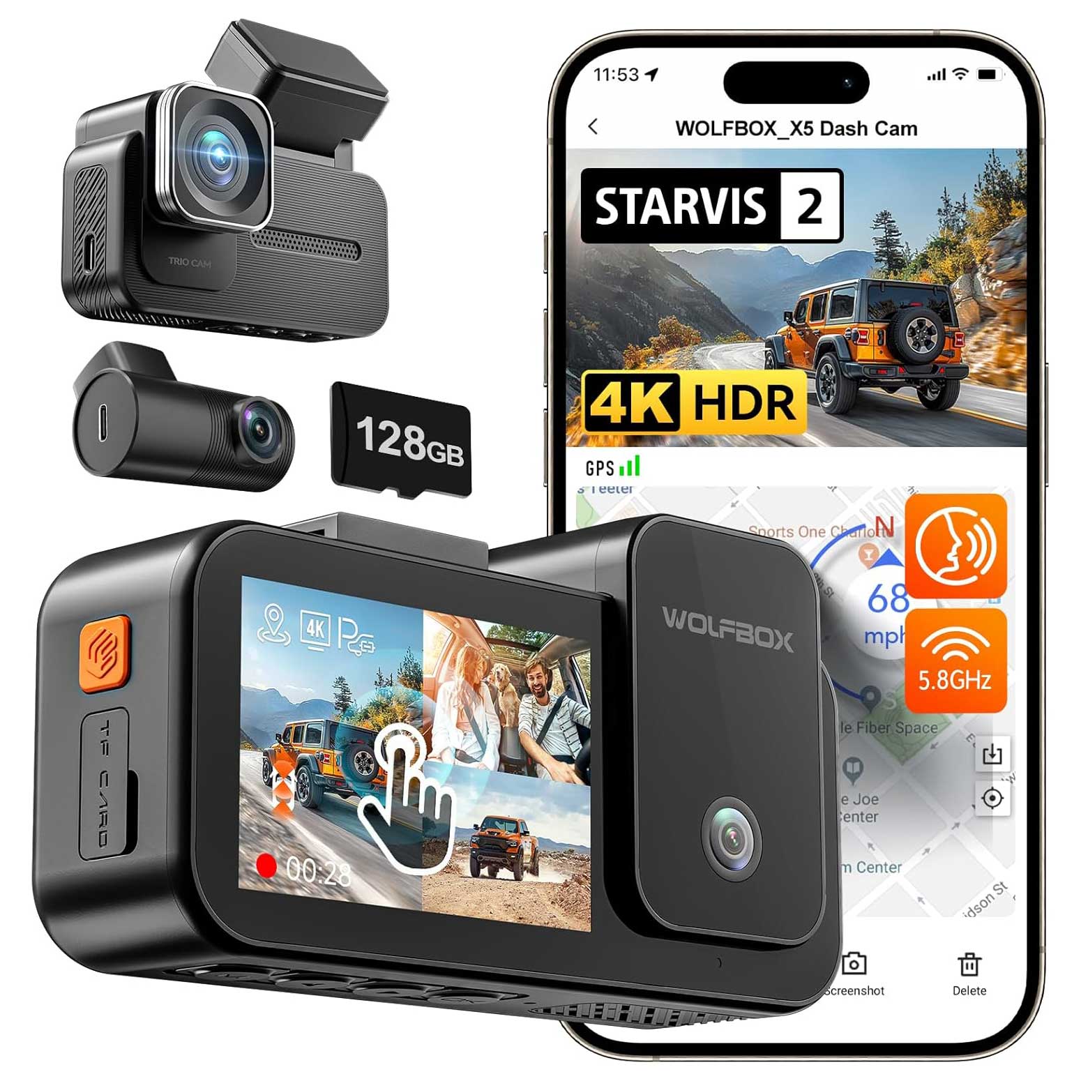 <tc>Wolfbox X5 Touch 3CH 4K Wifi GPS 128 go dashcam</tc>