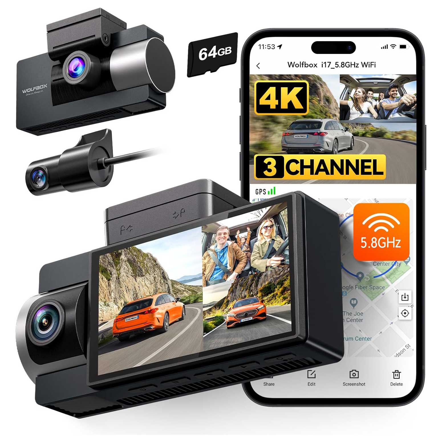 <tc>Wolfbox i17 3CH 4K Wifi GPS 64 go dashcam</tc>
