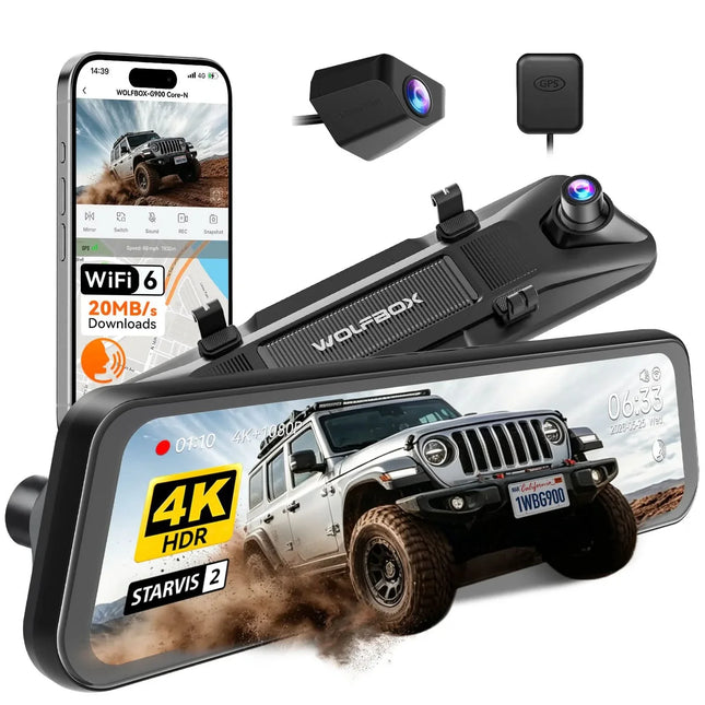 <tc>Wolfbox G900 Core 4K : dashcam avec rétroviseur, Wi-Fi et GPS</tc>