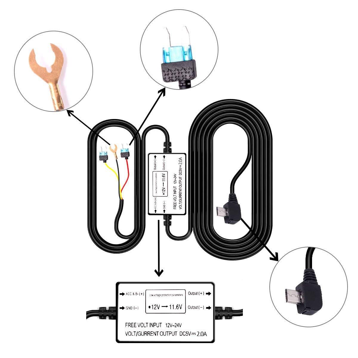 AZDome BN03 Kit hardwire Micro USB 3 fils
